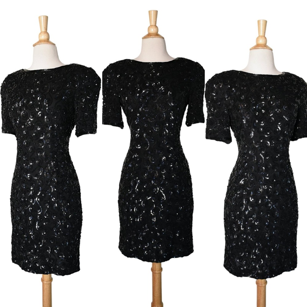Vintage 80s Niteline Nite Line Jet Black Sequin Beaded Silk Wiggle Party Dress